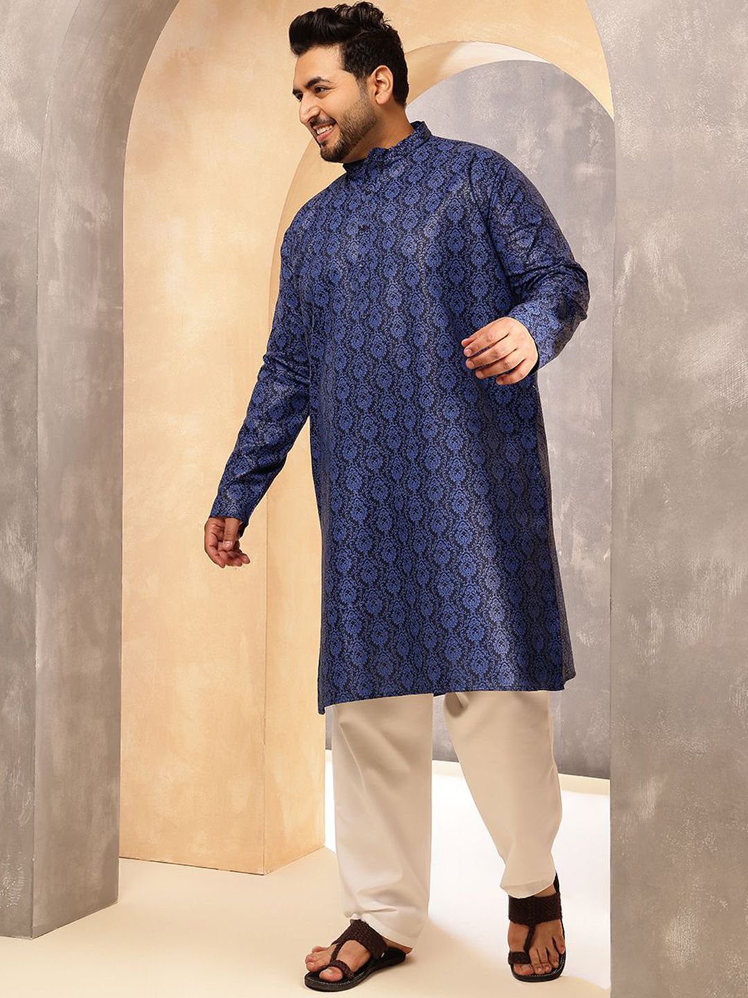 SOJANYA PLUS Motif Etnik Rekaan Tenunan Kurta Linen Kapas Kolar Mandarin Dengan Piyama