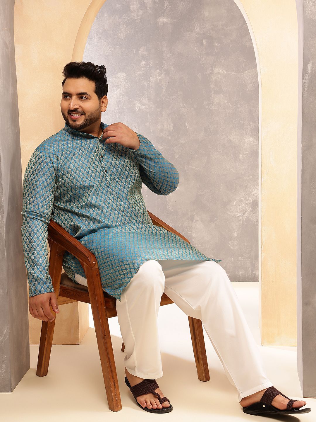 SOJANYA PLUS Men Ethnic Motifs Printed Festive Silk Straight Kurtas