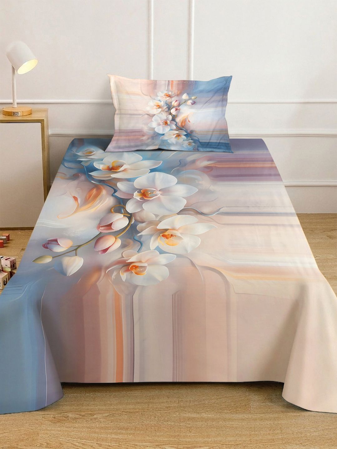 KLOTTHE Multicoloured Floral Fitted 400 TC Single 7D Bedsheet With 1 Pillow Covers
