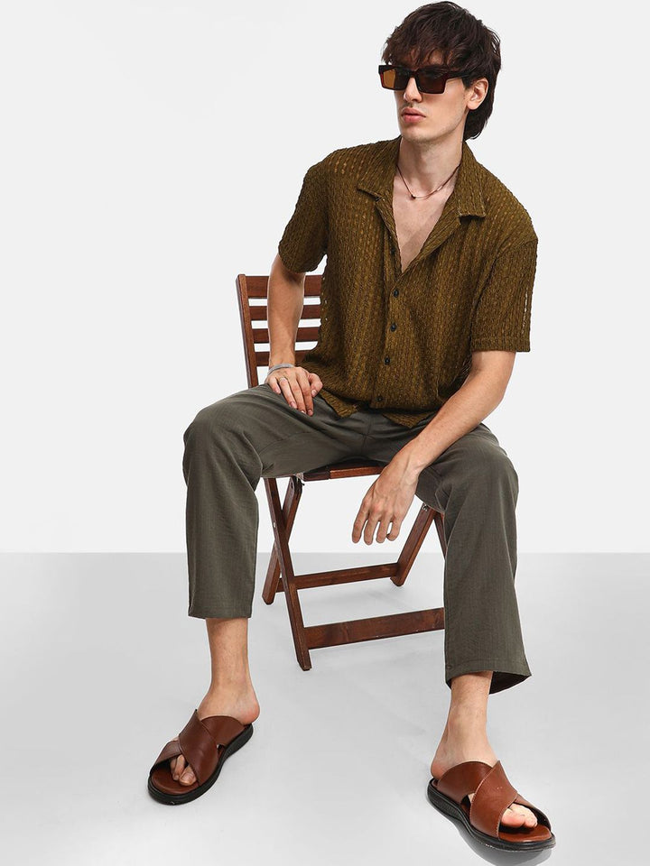 Brown Sheer Relaxed Fit Cuban Collar Casual Shirt
