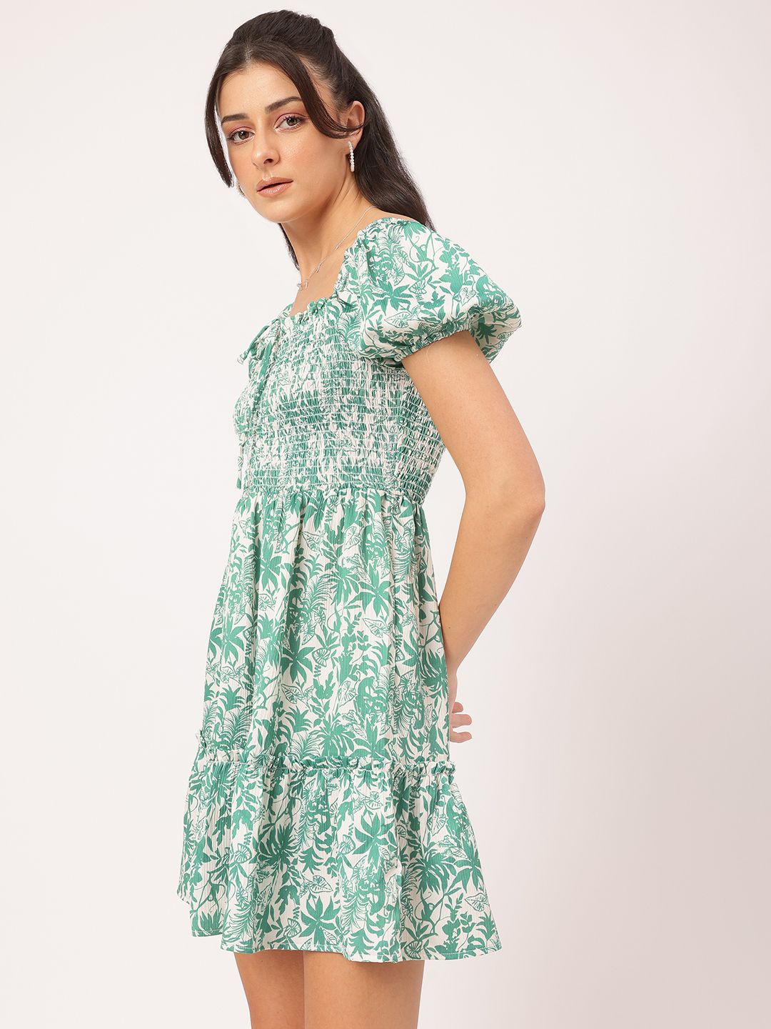 DressBerry Timelessly Trendy Printed Smocked Fit & Flare Mini Dress