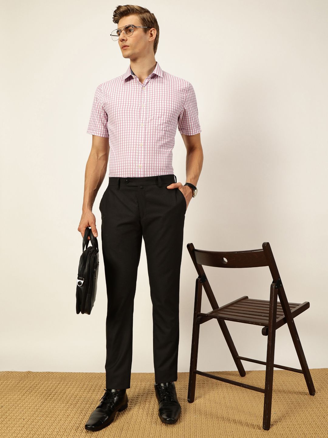 Thomas Scott Men Smart Spread Collar Gingham Checked Cotton Formal Shirt