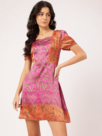 DressBerry Printed Sweetheart Neck Satin Finish Cut-Out Back Mini A-Line Dress