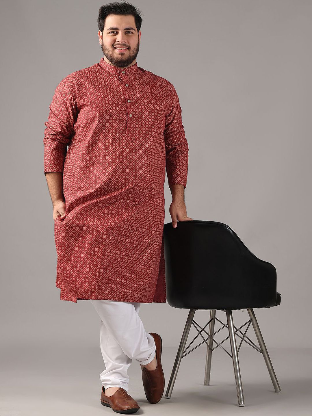 SOJANYA PLUS Plus Size Lelaki Motif Etnik Bercetak Cotton Linen Kurta Lurus Dengan Piyama