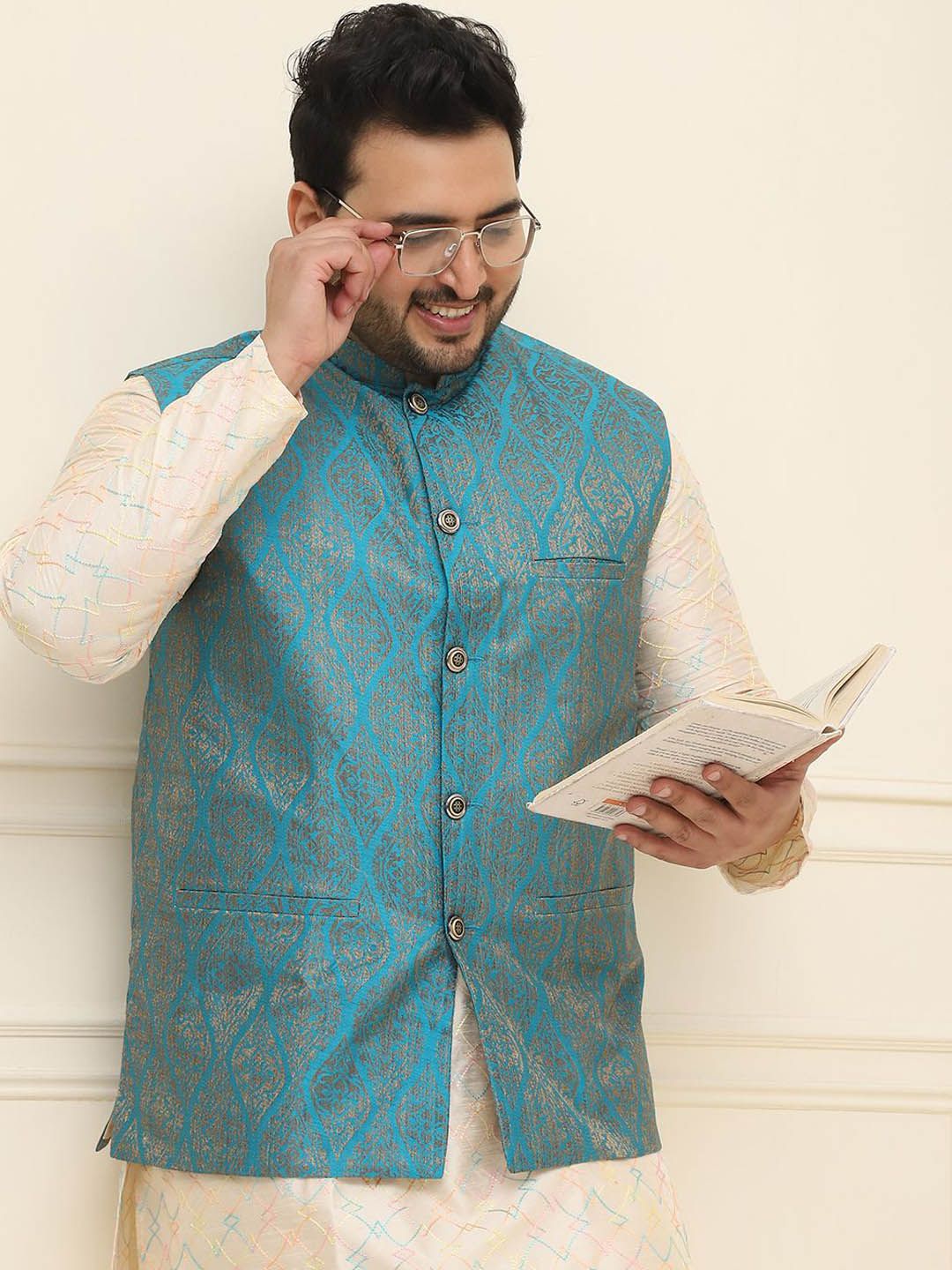 SOJANYA PLUS Lelaki Plus Size Printed Mandarin Collar Nehru Jaket