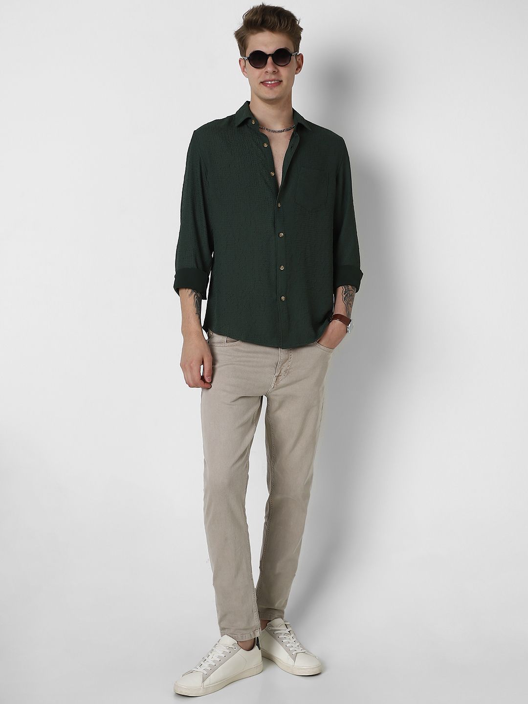 VASTRADO Men Classic Spread Collar Textured Slim Fit Casual Shirt