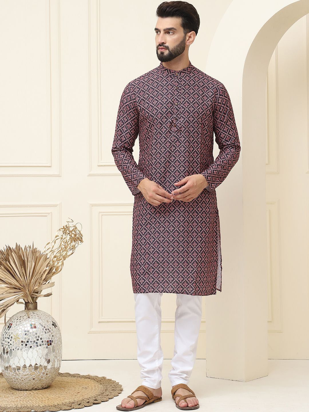 SOJANYA Floral Printed Mandarin Collar Pure Cotton Straight Kurta dengan Piyama