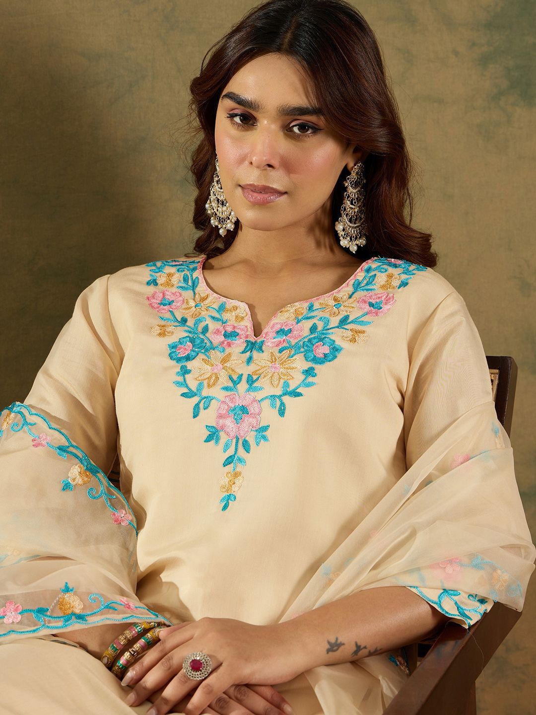 Indo Era Floral Embroidered Thread Work Kurta With Trousers & Dupatta