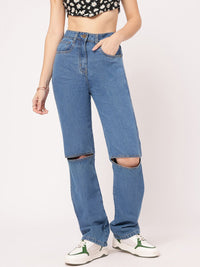 DressBerry Women Urban Utopia Pure Cotton Straight Fit Slash Knee Jeans