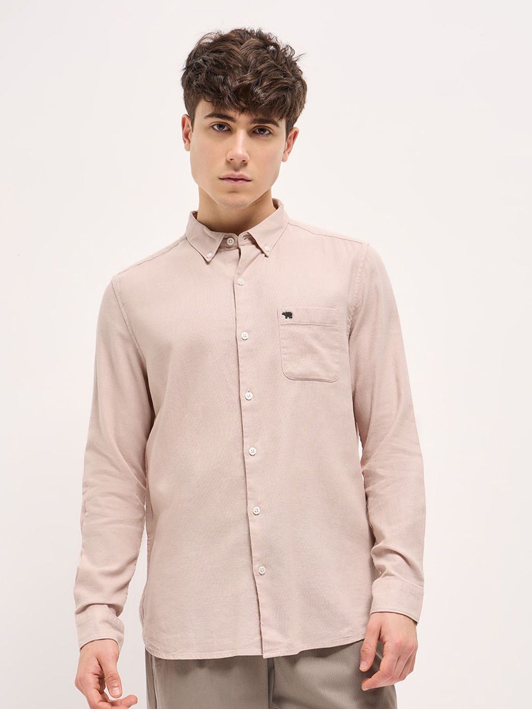 THE BEAR HOUSE Pure Cotton Button-Down Collar Solid Slim Fit Shirt