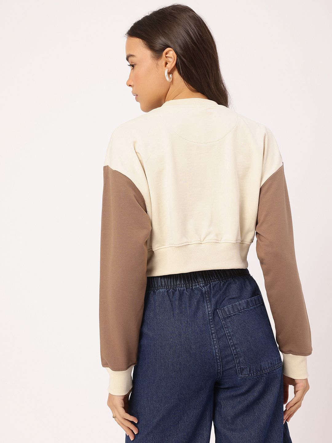 DressBerry Printed Contrast Sleeves Crop Sweatshirt