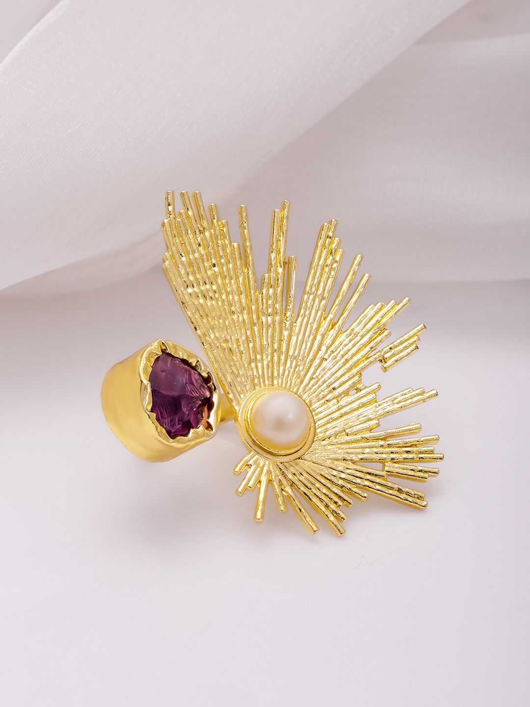 Rubans 18K Gold-Plated Sunburst Design Pearl & Amethyst Cincin Jari Laras