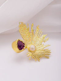 Rubans 18K Gold-Plated Sunburst Design Pearl & Amethyst Cincin Jari Laras
