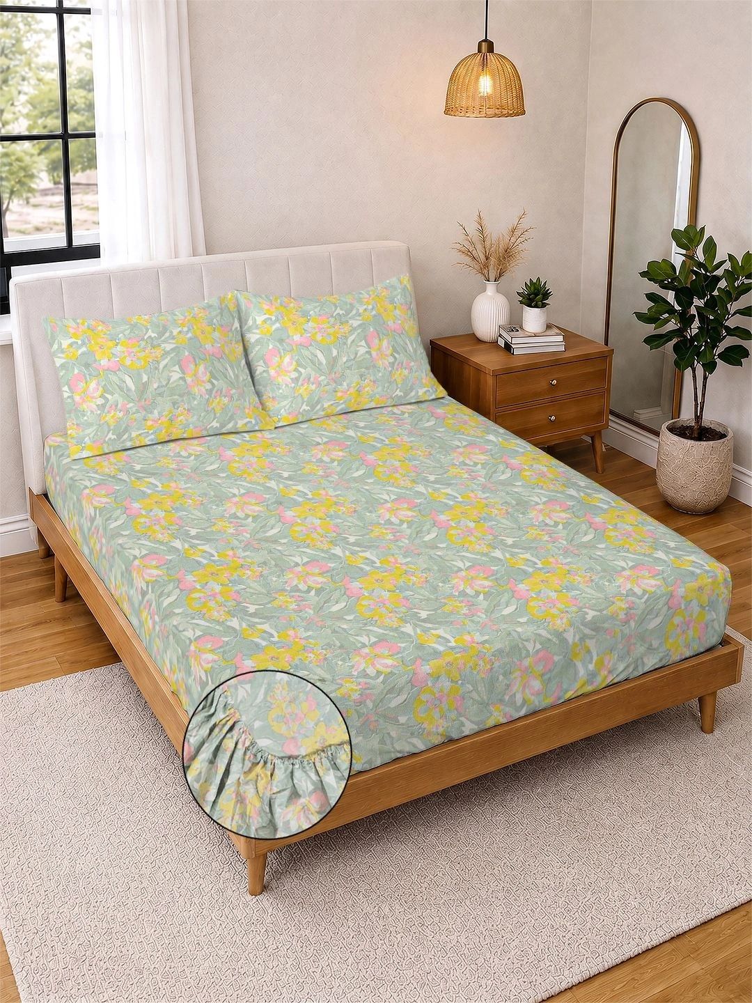 KLOTTHE Green & Pink Floral 300 TC Cadar King dengan 2 Sarung Bantal