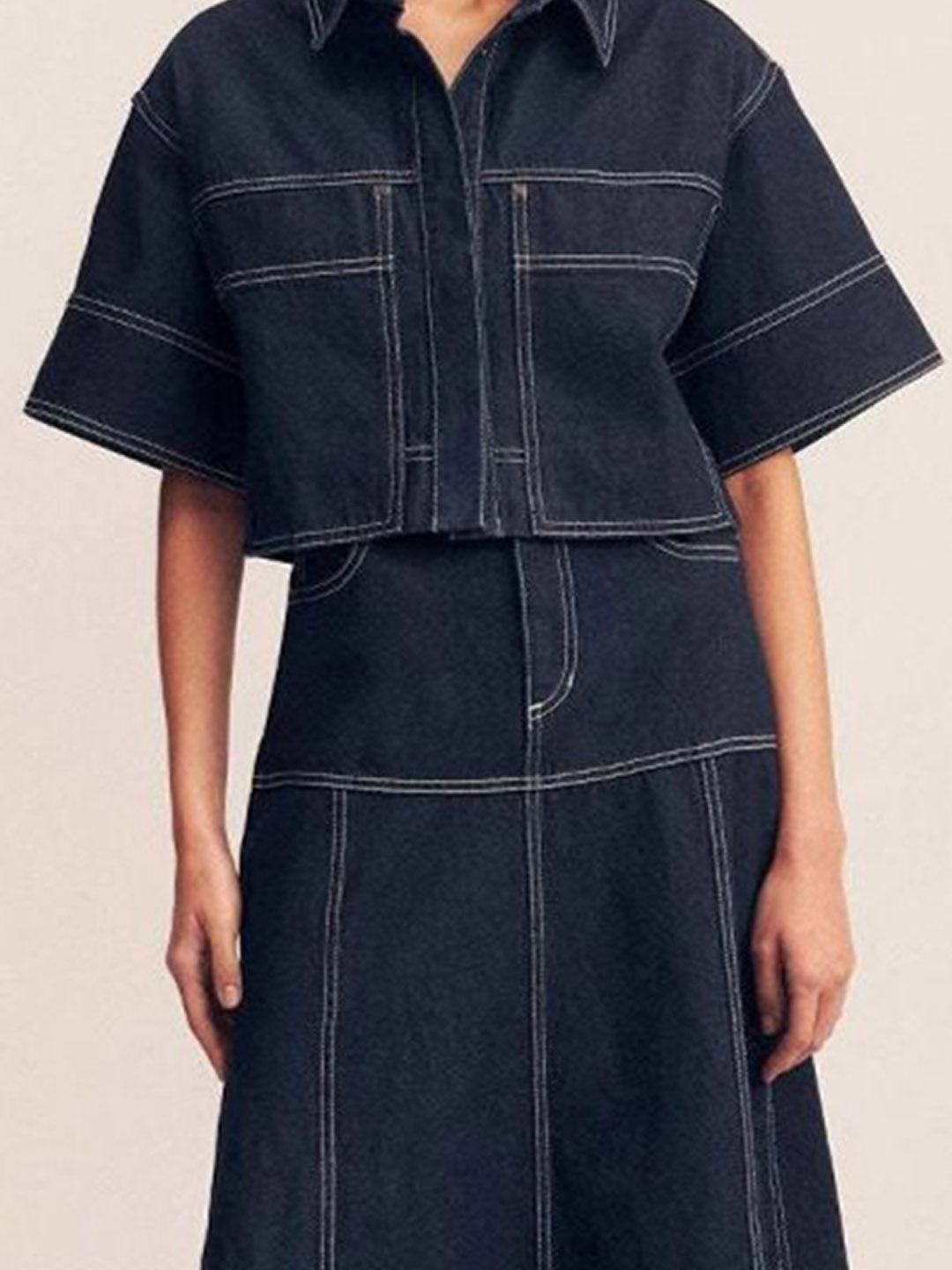 all about you Indigo Edge Denim Self Design Shirt Collar Crop Shirt & Skirt
