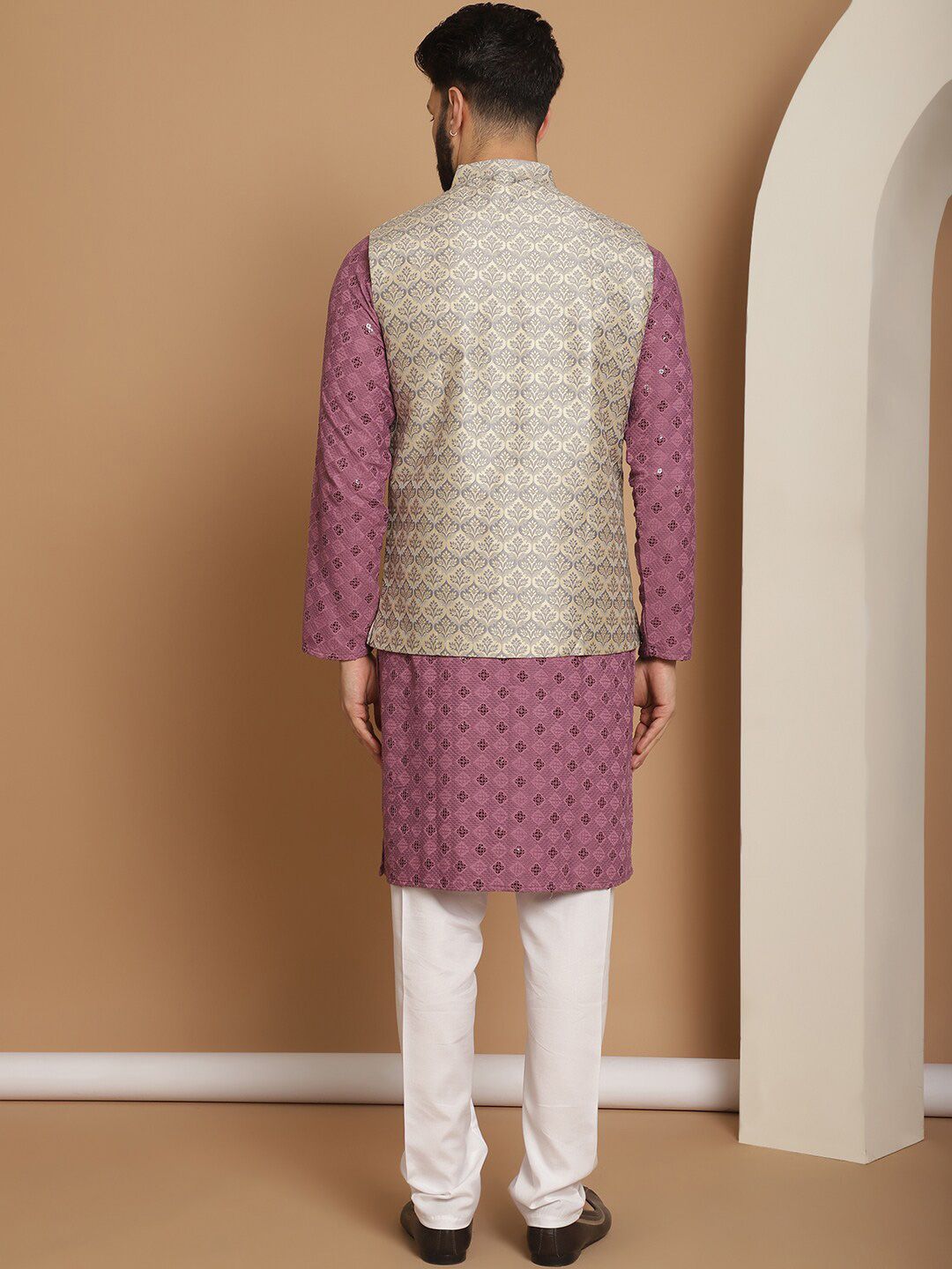 Anouk Sequinned Mandarin Collar Regular Kurta & Churidar With Nehru Jacket