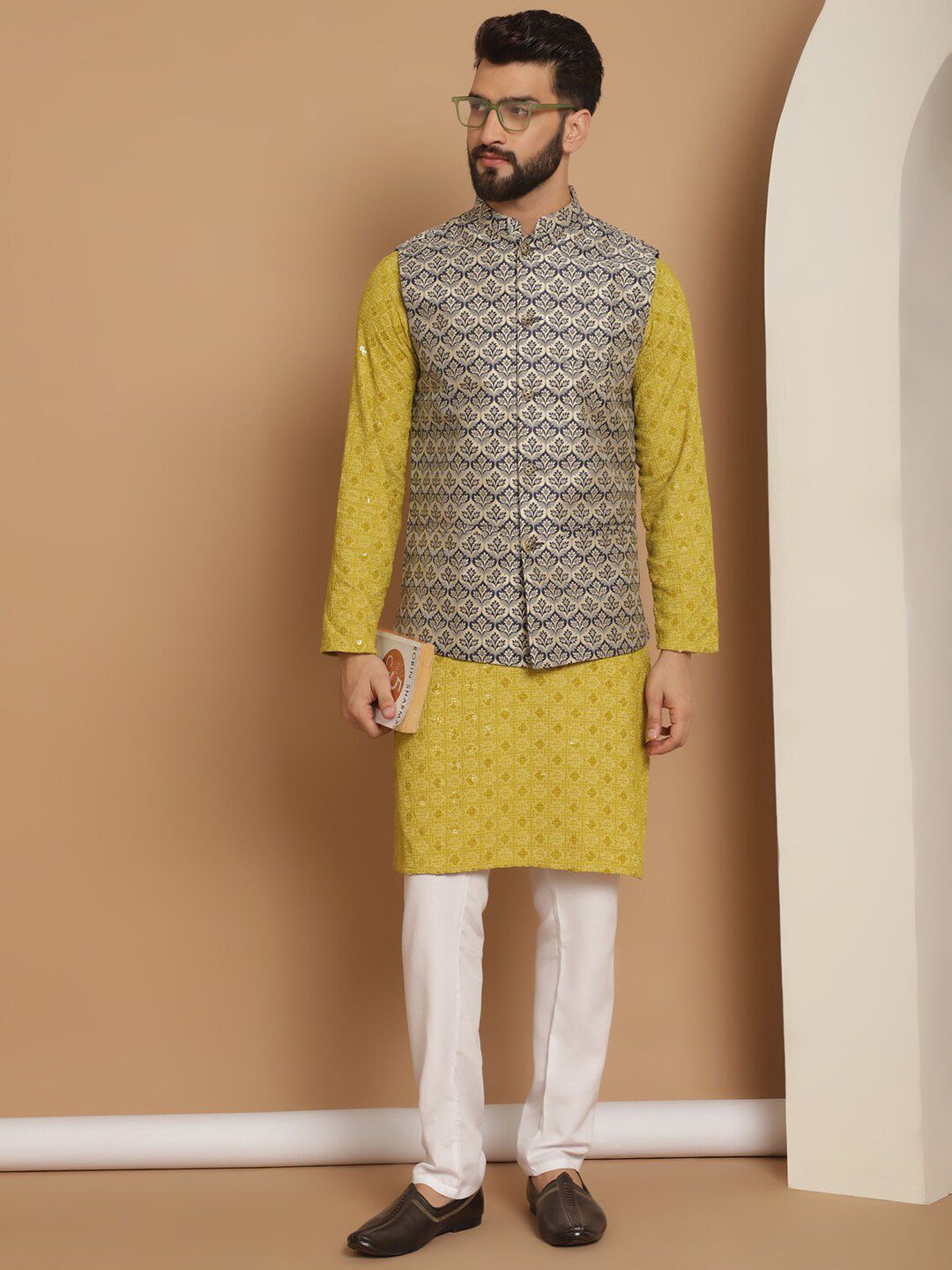 Anouk Green Woven Design Embroidered Regular Mandarin Collar Straight Kurta & Churidar