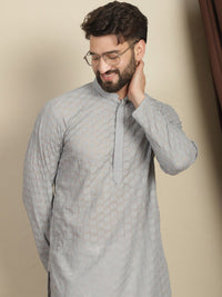 Anouk Motif Etnik Kelabu Bersulam Kolar Mandarin Lengan Panjang Kurta Benang Kapas