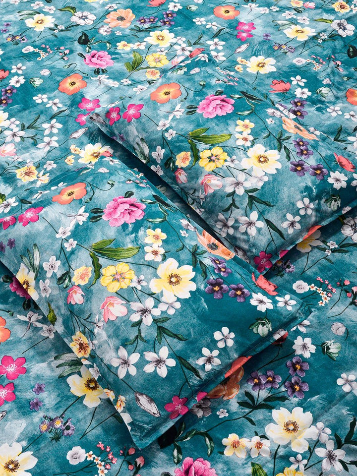 Myntra Elegant Homes Blue Floral 300 TC King Double Bedsheet with 2 Pillow Covers