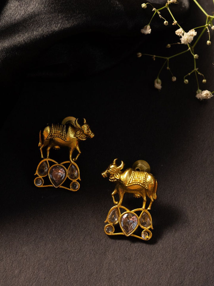 PANASH Gold-Plated Artificial Stones Studded Cow Shaped Drop Earrings