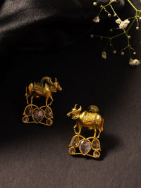 PANASH Gold-Plated Artificial Stones Studded Cow Shaped Drop Earrings