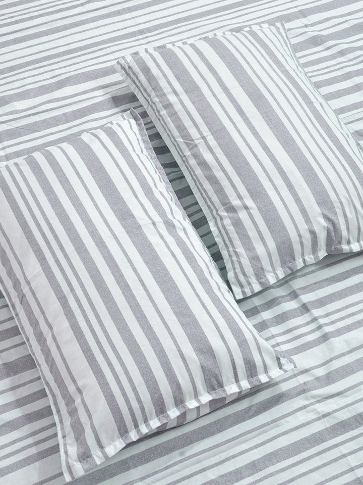 KLOTTHE Grey Stripted Printed Fitted 400 TC King Bedsheet With 2 Pillow Cover