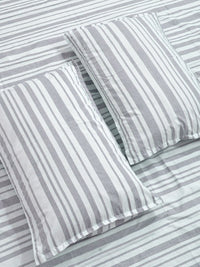 KLOTTHE Grey Stripted Printed Fitted 400 TC King Bedsheet With 2 Pillow Cover