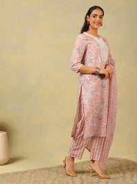 Mamicha Wanita Bercetak Bunga Benang Biasa Bekerja Kapas Tulen Kurta dengan Seluar & Dengan Dupatta