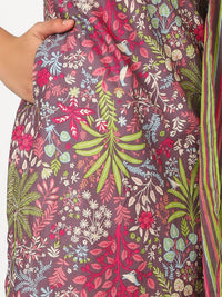 W Purple Floral Printed Three-Quarter Sleeves Pure Cotton Kurta With Trouser & Dupatta