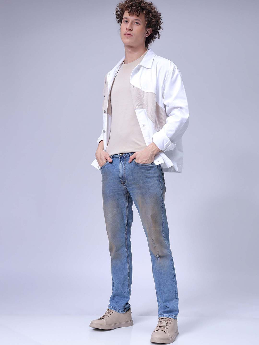 The Indian Garage Co Men Straight Fit Heavy Fade Low Distress Stretchable Jeans