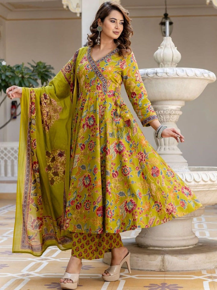 KALINI Women Floral Printed Angrakha Thread Work Kurta with Trousers & With Dupatta