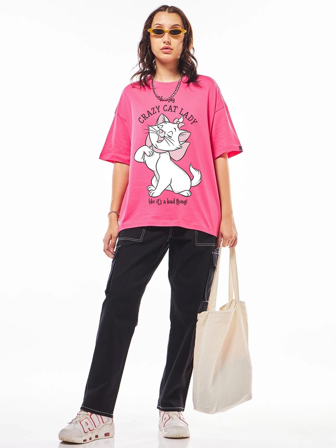 Bewakoof Official Disney Merchandise Women's Crazy Cat Lady Pure Cotton Printed Oversized T-Shirt