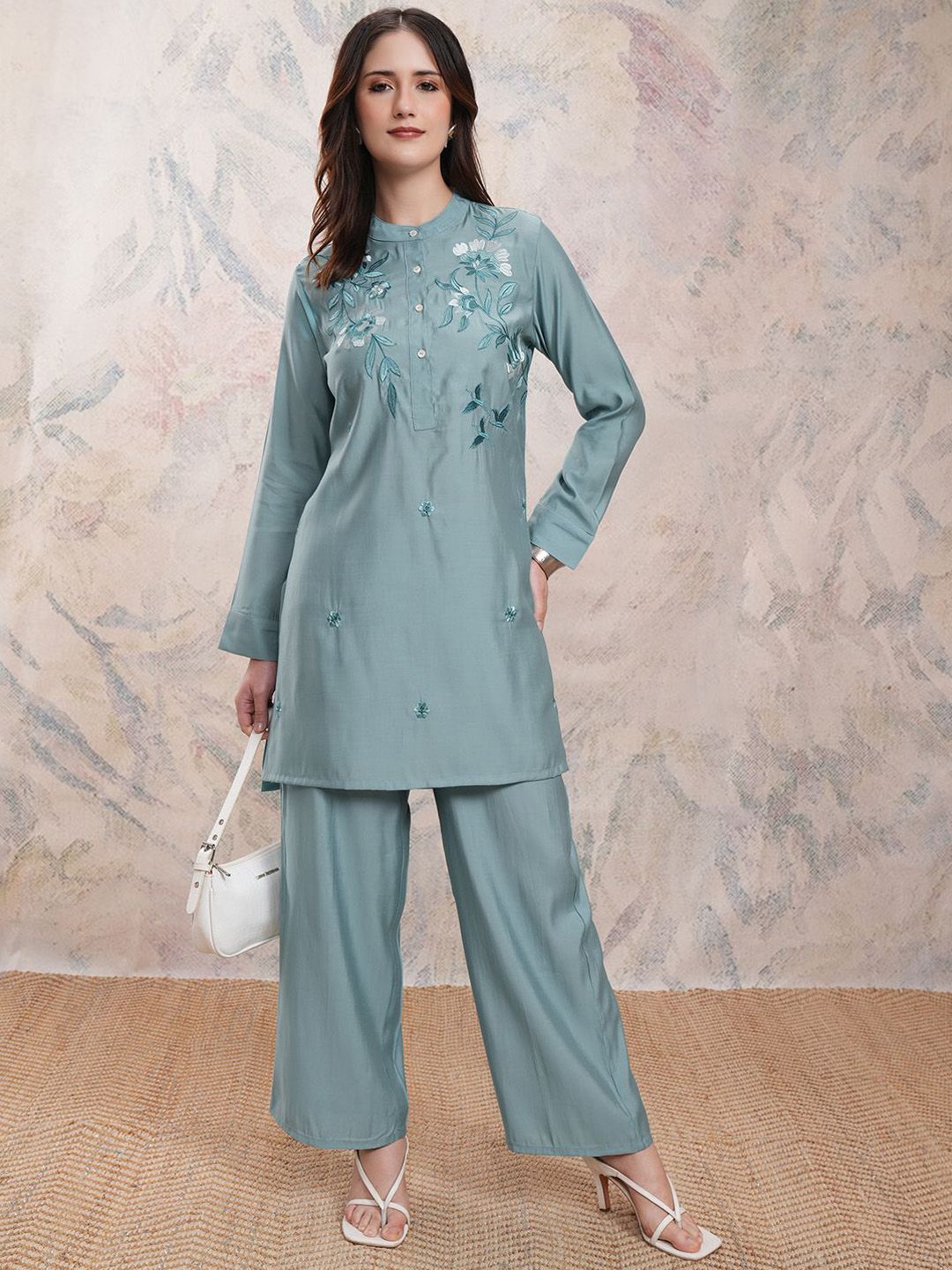 Vishudh Teal Embroidered Mandarin Collar Long Sleeves Top With Trouser