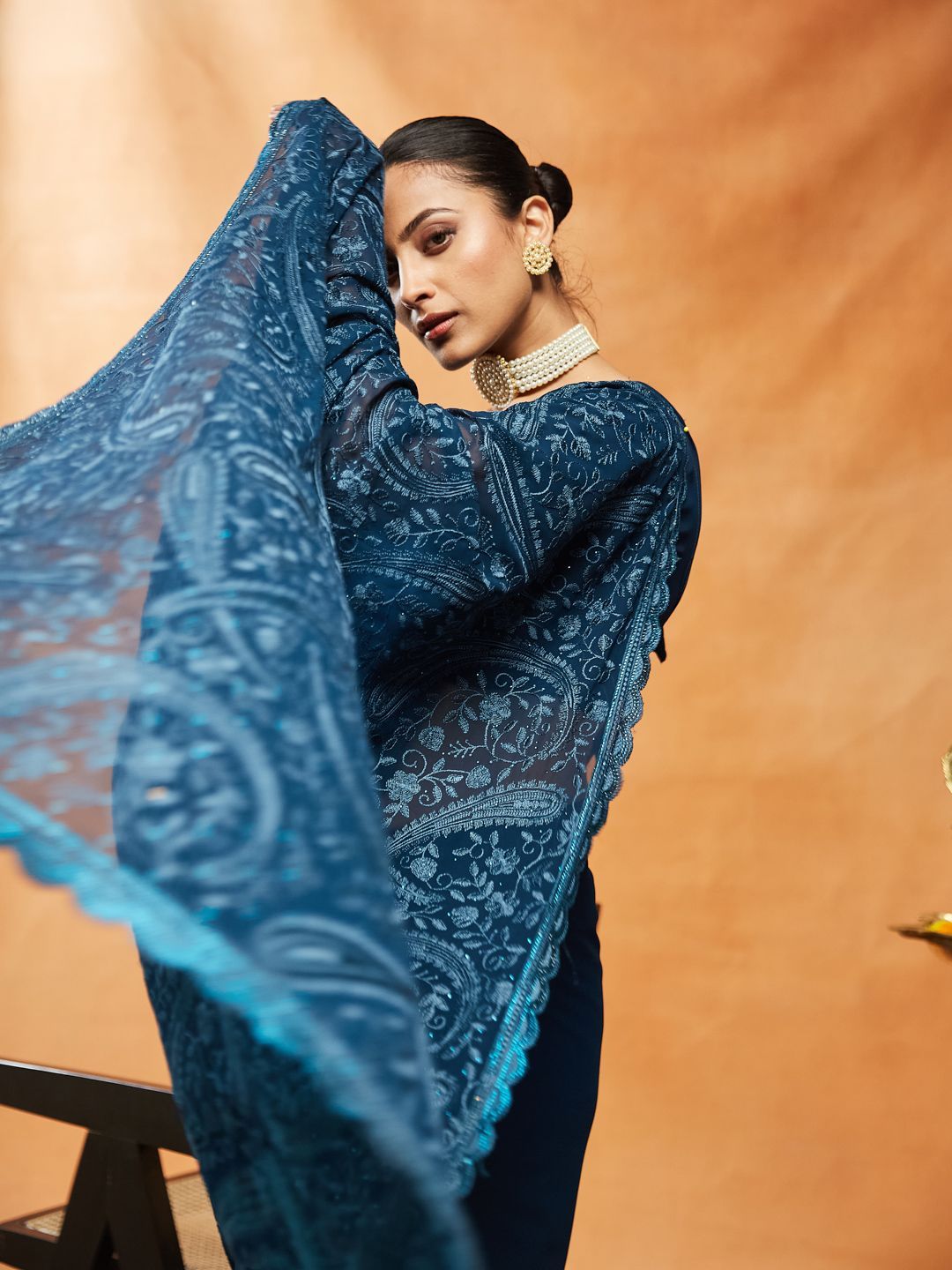 kasee Tenunan Design Bersulam Tulen Georgette Saree