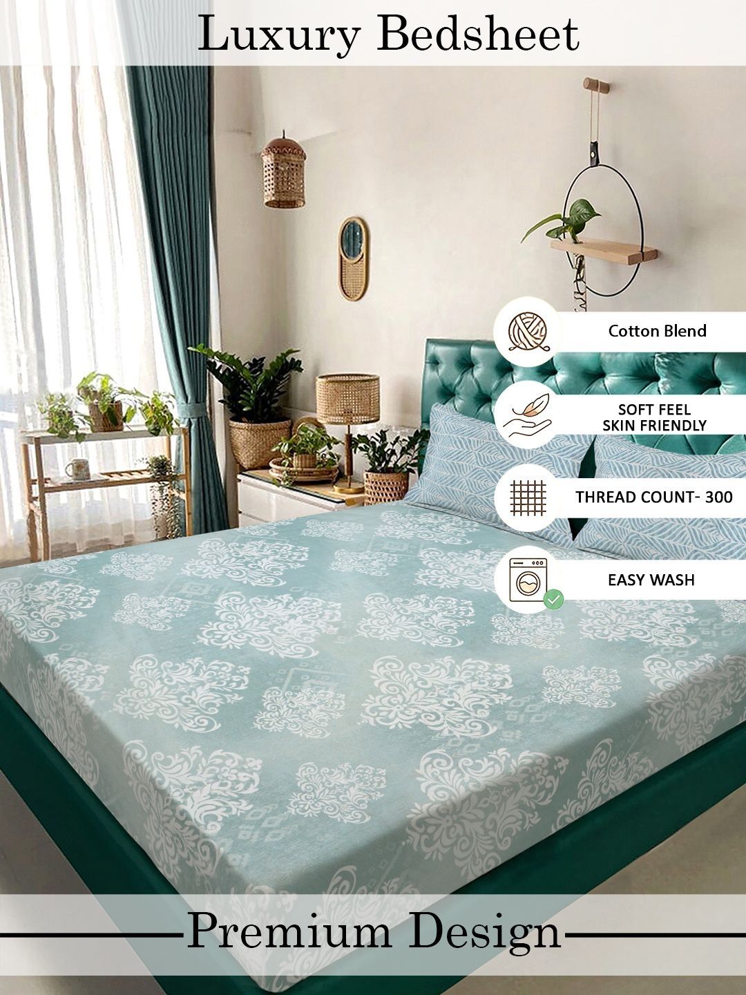 Myntra Elegant Homes Blue 300TC King Double Bedsheet with 2 Pillow Cover