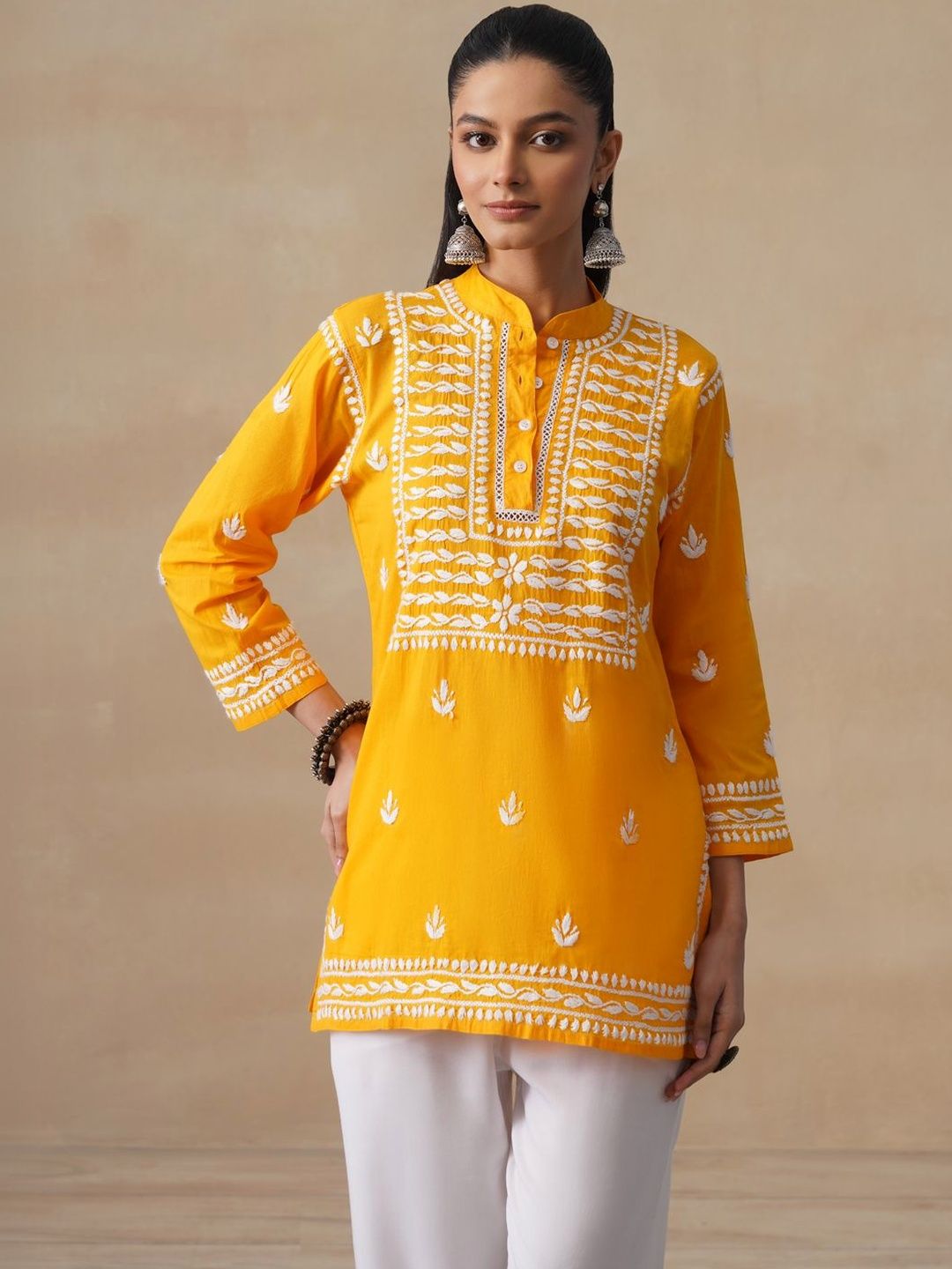 House of Chikankari Women Solid Mustard Embroidered Kurti