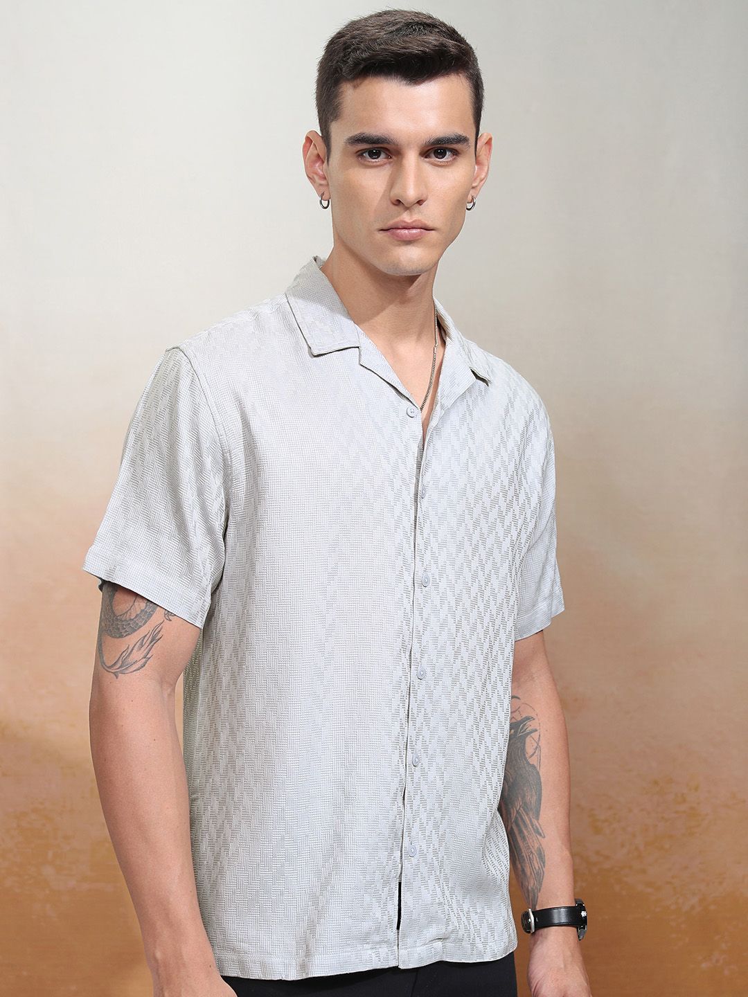 HIGHLANDER Men Dobby Textured Solid Cuban Collar Relaxed Shirt