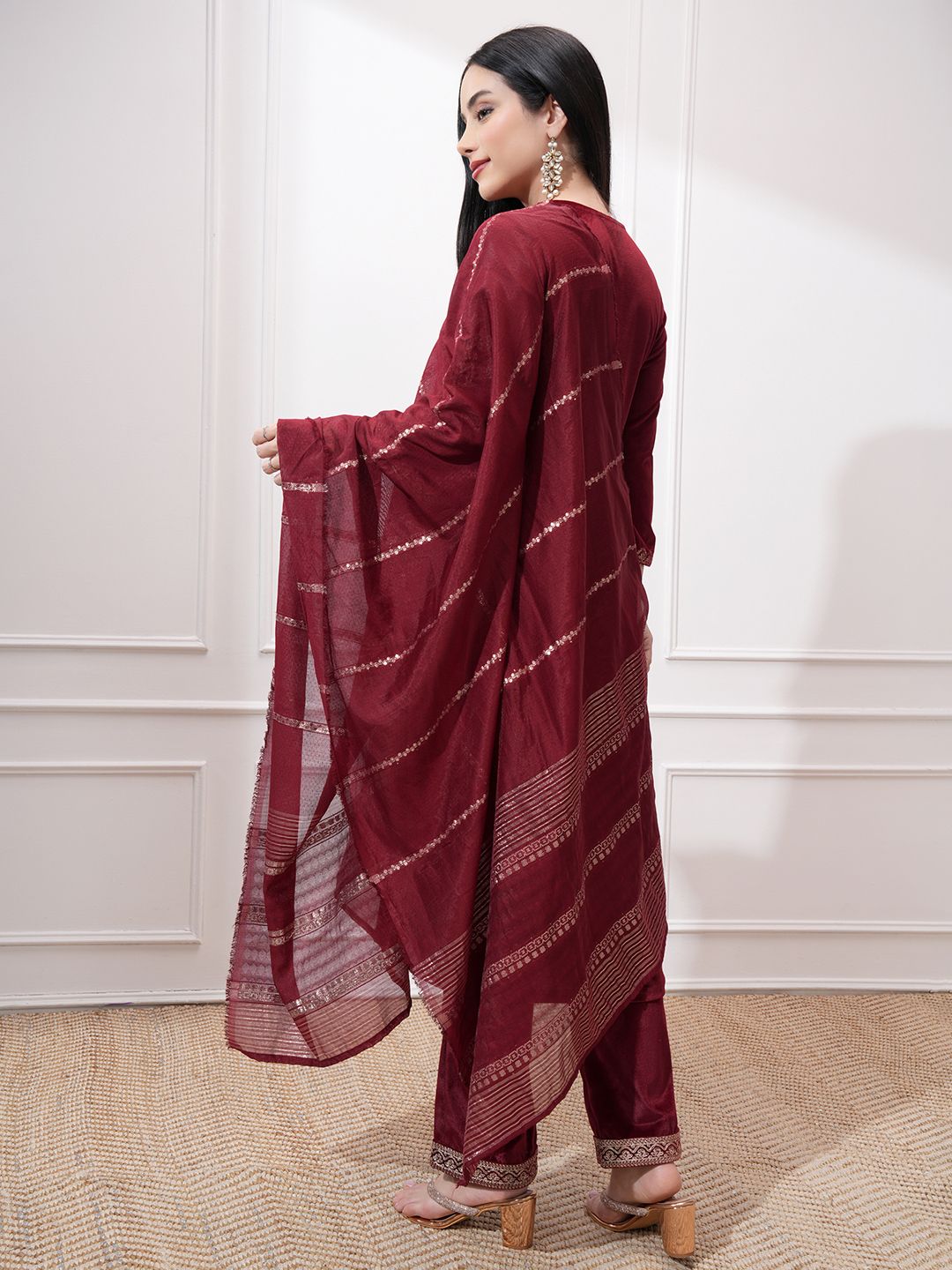 Vishudh Women Ethnic Motifs Embroidered Regular Kurta with Trousers & With Dupatta