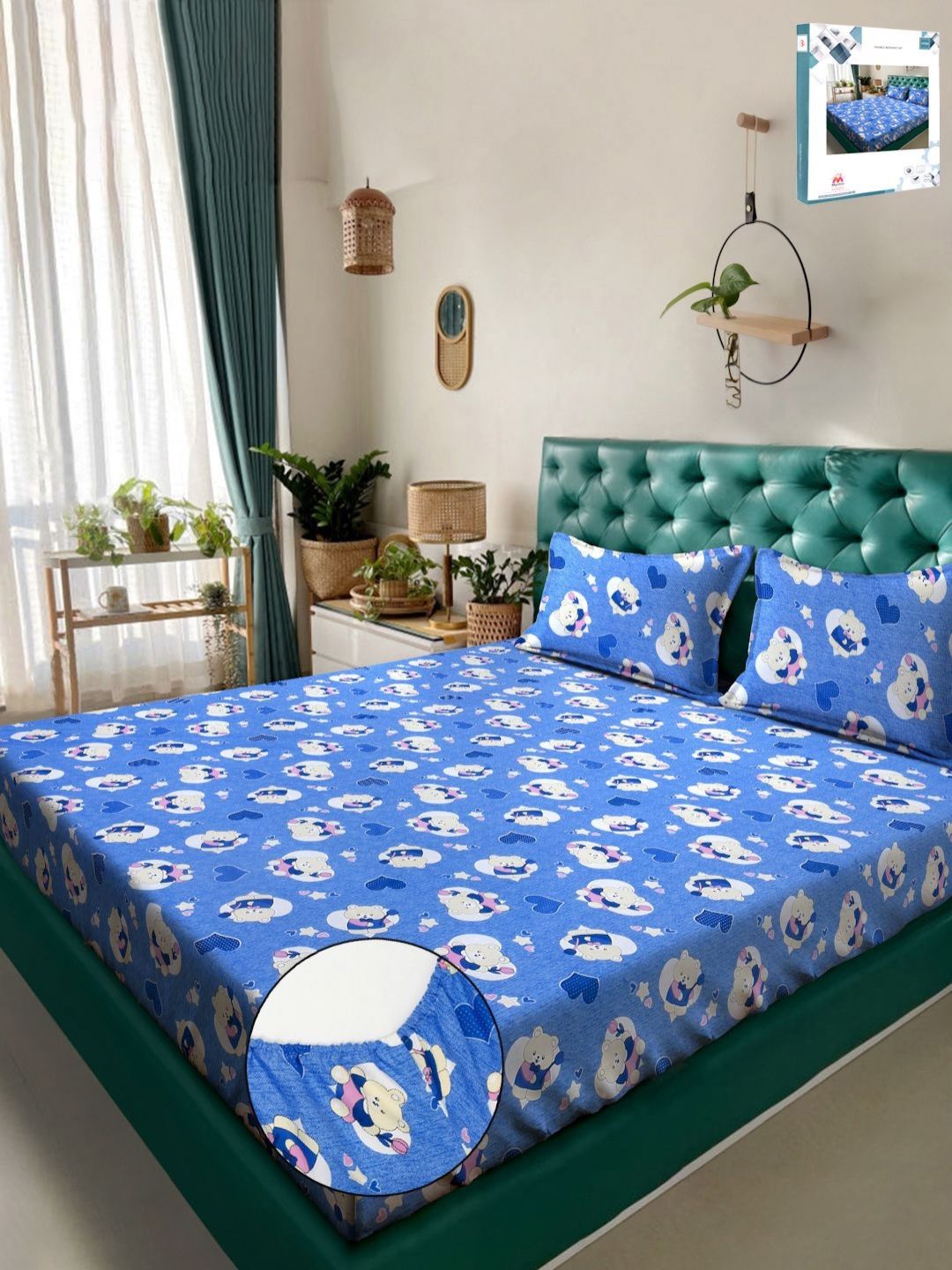 Myntra Elegant Homes Biru Kapas Perbualan 400 TC Dilengkapi Cadar King Halus dengan 2 Sarung Bantal-98 x 89 inci