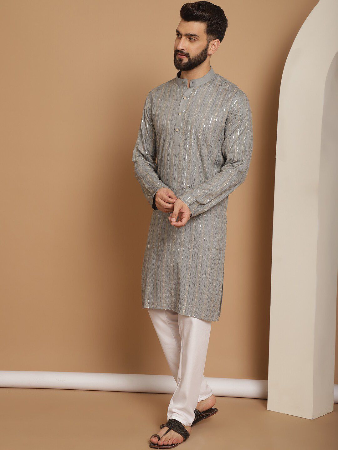 Anouk Grey Leheriya Embroidered Mandarin Collar Pure Cotton Straight Kurta With Churidar