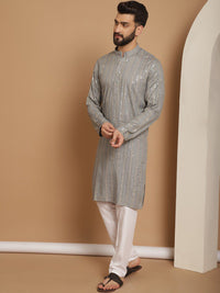 Anouk Grey Leheriya Embroidered Mandarin Collar Pure Cotton Straight Kurta With Churidar