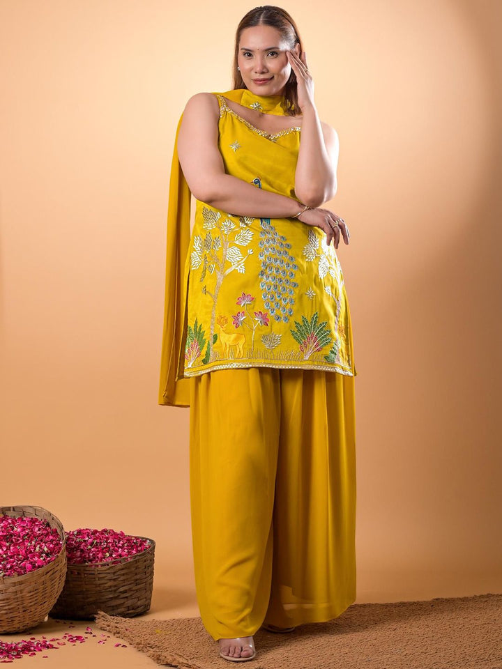 Mamicha Women Woven Design Embroidered Cotton A-Line Kurti with Palazzos & Dupatta