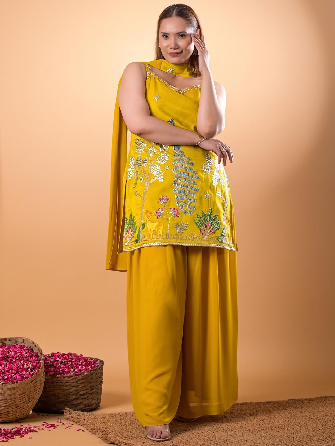 Mamicha Women Woven Design Embroidered Cotton A-Line Kurti with Palazzos & Dupatta