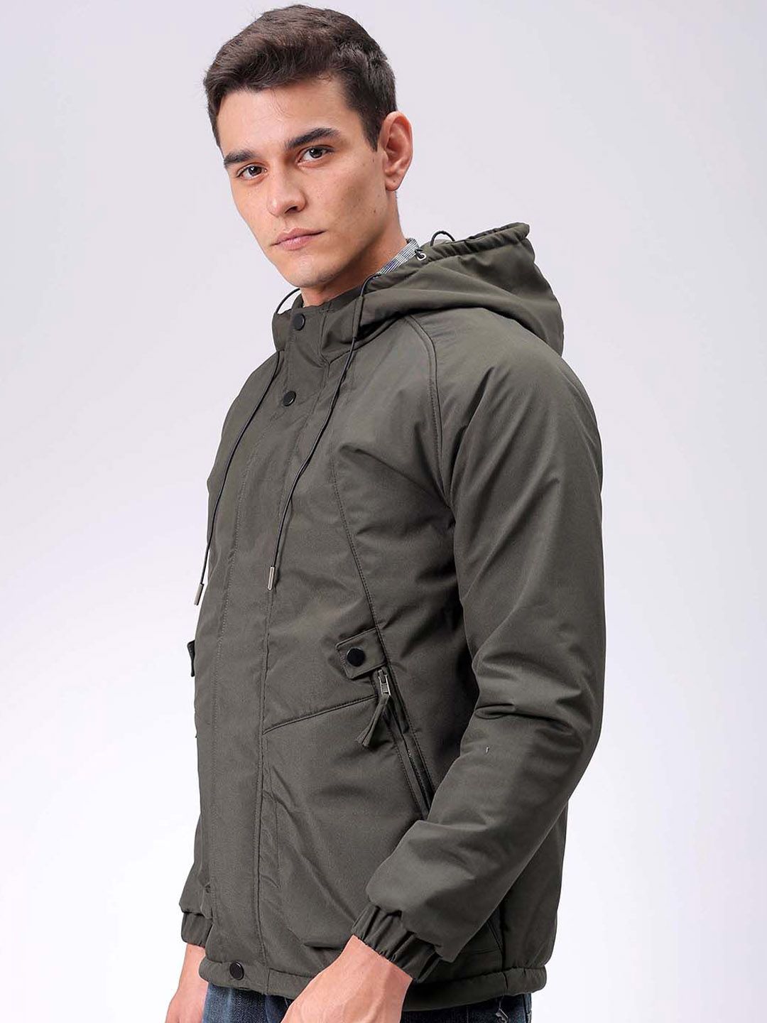 The Indian Garage Co Men Hooded Solid Puffer Utility Jacket