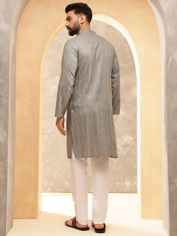 Anouk Grey Striped Embroidered Sequinned Mandarin Collar Pure Cotton Kurta With Pyjama