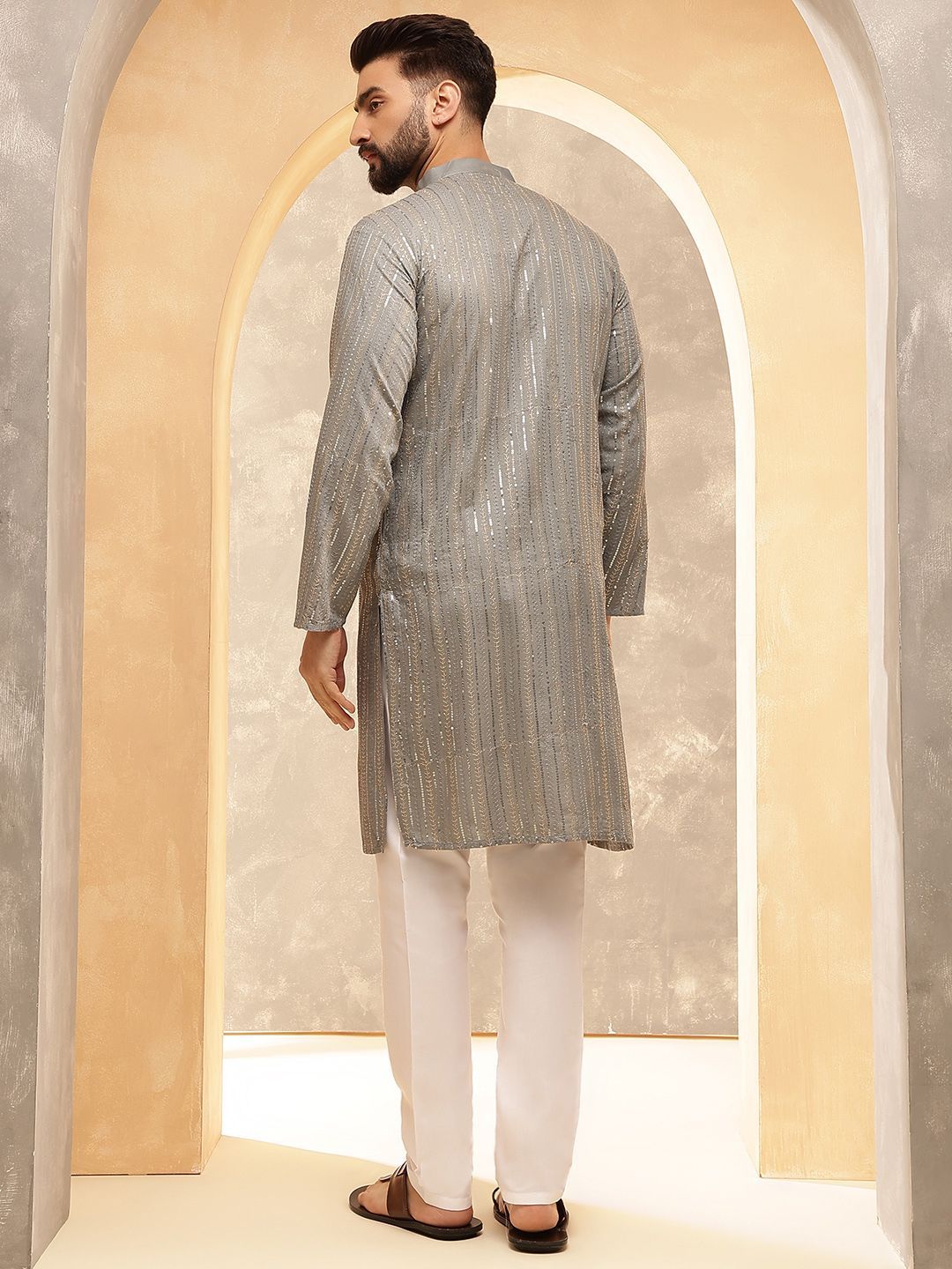 Anouk Grey Striped Embroidered Sequinned Mandarin Collar Pure Cotton Kurta With Pyjama