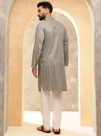 Anouk Grey Striped Embroidered Sequinned Mandarin Collar Pure Cotton Kurta With Pyjama
