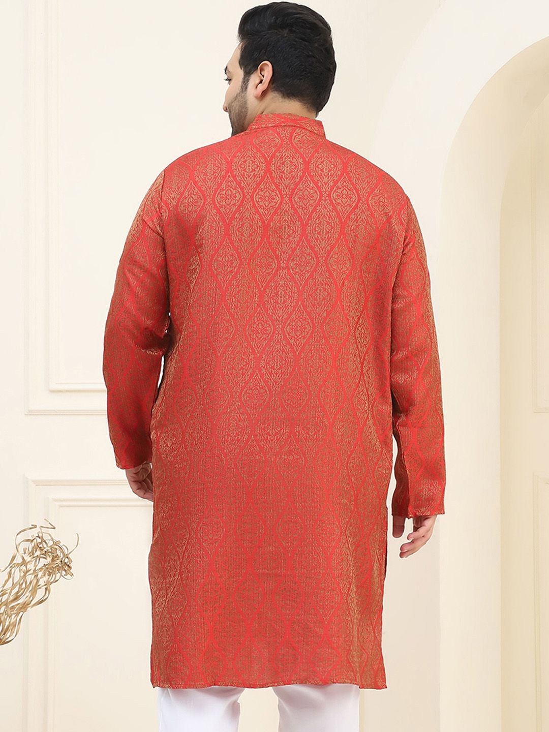 SOJANYA Plus Geometric Woven Design Mandarin Collar Long Sleeve Cotton Silk Straight Kurta