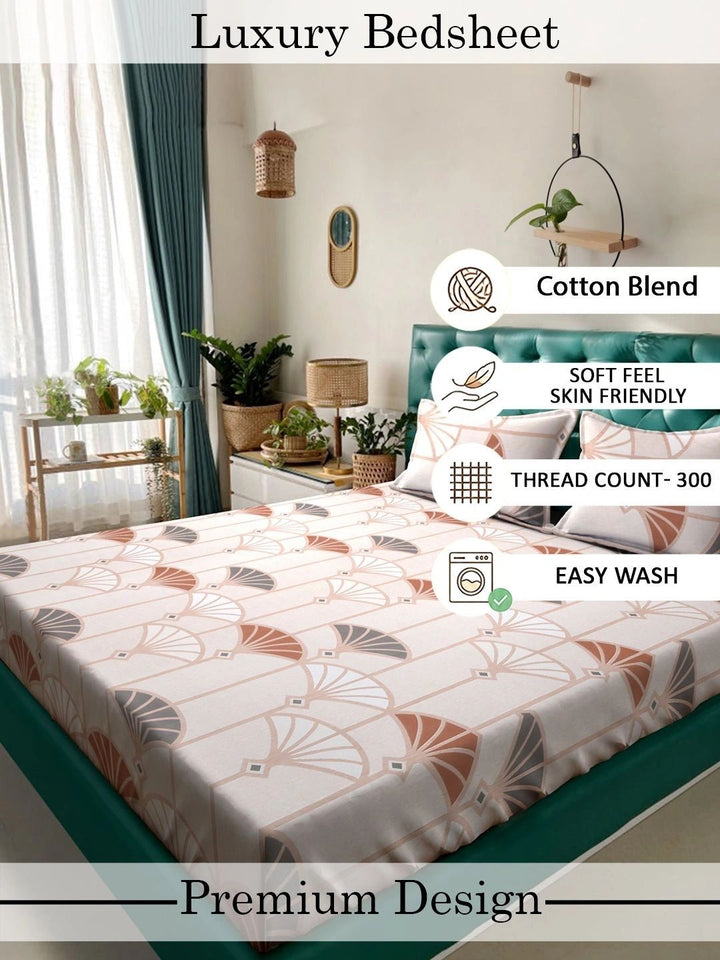 Myntra Elegant Homes Cream-Coloured & Peach-Coloured Floral 300 TC King Bedsheet with 2 Pillow Covers