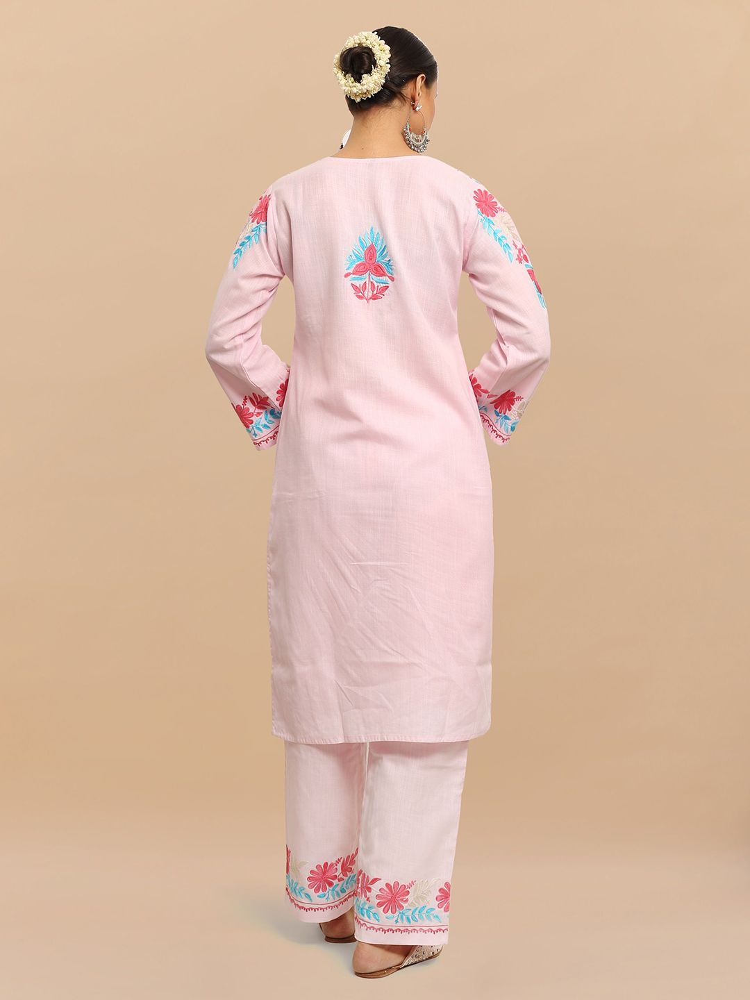 HOUSE OF KARI Floral Embroidered Thread Work Falak Kashmiri Straight Kurta With Trousers